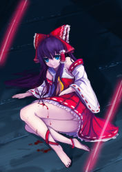 Rule 34 | 1girl, alternate eye color, alternate hair color, alternate hair length, alternate hairstyle, ascot, barefoot, black hair, blood, blue eyes, bow, breasts, crying, dark, detached sleeves, frilled shirt collar, frills, hair bow, hair tubes, hakurei reimu, huoyi (zzh100200), japanese clothes, lace-trimmed sleeves, lace trim, leg ribbon, light trail, long hair, lying, miko, nontraditional miko, on floor, on side, panties, pantyshot, parted lips, pleated skirt, purple hair, red bow, ribbon, ribbon-trimmed skirt, ribbon-trimmed sleeves, ribbon trim, scissors, shadow, shirt, skirt, sleeveless, sleeveless shirt, small breasts, solo, stab, tears, thighs, touhou, underwear, very long hair, white panties, zzh100200