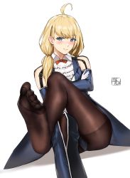 Rule 34 | 1boy, ahoge, black legwear, blonde hair, blue eyes, blue skirt, blush, borrowed character, bow, character request, commission, copyright request, crossed arms, crossed legs, feet, feet up, foot focus, foreshortening, hairband, highres, leg up, long hair, long sleeves, looking at viewer, necktie, no shoes, pantyhose, pixiv commission, skirt, socks, soles, thighhighs, thighs, tierla, toe seam, toes, trap, twintails