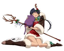 Rule 34 | 1girl, antlers, bell, bleach, blush, boots, christmas, dress, grey eyes, horns, legs, official art, reindeer antlers, santa boots, santa dress, sitting, staff (weapon), sui-feng