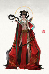 Rule 34 | 1girl, absurdres, bare shoulders, black eyes, black hair, breast tattoo, breasts, calligraphy brush, chinese clothes, chinese commentary, chinese hairpin, closed mouth, commentary request, ddcc0123, dragon, full body, gem, giant brush, gold necklace, halo, hand up, hanfu, highres, hip tattoo, jewelry, leg tattoo, lipstick, long sleeves, looking at viewer, makeup, medium breasts, medium hair, navel, necklace, no nipples, open clothes, original, paintbrush, pelvic curtain, red gemstone, red lips, shoulder tattoo, solo, standing, tattoo, tiara, topless, weapon, weapon on back, white background, wide sleeves