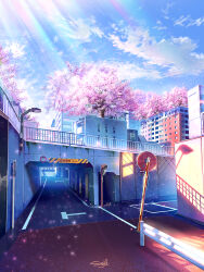 Rule 34 | absurdres, apartment, blue sky, building, cherry blossoms, cherry tree, cloud, commentary request, day, guard rail, highres, light rays, no humans, original, outdoors, railing, road, road sign, scenery, sign, sky, smile (qd4nsvik), spring (season), sunbeam, sunlight, traffic mirror, tunnel, vanishing point, window