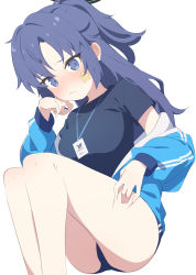 Rule 34 | 1girl, bare legs, black shirt, blue archive, blue buruma, blue jacket, buruma, closed mouth, deep skin, feet out of frame, gym uniform, hand on own thigh, highres, id card, jacket, jacket partially removed, lanyard, long hair, long sleeves, looking at viewer, parted bangs, ponytail, purple eyes, purple hair, shirt, simple background, solo, sportswear, star (symbol), supershiruco, thighs, track jacket, wavy mouth, white background, yuuka (blue archive), yuuka (track) (blue archive)