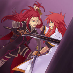 Rule 34 | 00s, 2boys, asch (tales), bad id, bad pixiv id, duel, gradient background, long hair, luke fon fabre, male focus, multiple boys, red hair, surcoat, sword, tales of (series), tales of the abyss, toki no, tokine (tokiami), weapon