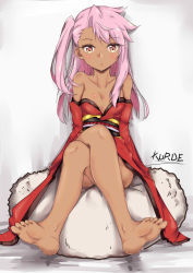Rule 34 | 1girl, absurdres, artist name, bare legs, bare shoulders, barefoot, breasts, character name, chloe von einzbern, cleavage, crossed legs, dark-skinned female, dark skin, detached sleeves, fate/kaleid liner prisma illya, fate (series), feet, female focus, grey background, highres, japanese clothes, kimono, long hair, looking at viewer, obi, pear sauce, pink hair, red kimono, sash, shiny skin, side ponytail, sitting, sleeveless, sleeveless kimono, small breasts, soles, solo, toes