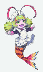 Rule 34 | 1girl, :d, antennae, apron, black shirt, colored skin, colored tongue, elda (precure), fang, frilled apron, frills, full body, green eyes, green hair, grey background, highres, looking at viewer, maid, maid headdress, monster girl, multicolored hair, muuten, open mouth, outstretched arms, pink skin, precure, purple tongue, red hair, shirt, short hair, shrimp, simple background, smile, solo, spread arms, streaked hair, symbol-shaped pupils, tropical-rouge! precure, twintails, two-tone hair, white apron