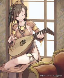 Rule 34 | 10s, 1girl, armpits, asymmetrical bangs, bad id, bad pixiv id, braid, breasts, bridal garter, brown eyes, brown hair, character request, couch, feather hair ornament, feathers, hair ornament, headdress, instrument, jewelry, len (a-7), lots of jewelry, lute (instrument), master bard, medium breasts, mole, music, no panties, one eye closed, playing instrument, shingeki no bahamut, short hair, side slit, sideboob, sitting, smile, solo, watermark, window, wink