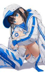 1girl absurdres bandaid bandaid_on_knee bandaid_on_leg baseball_cap black_hair blue_eyes blue_theme blush coat cross cross_earrings ear_piercing earrings hat highres hood hood_down jewelry knees_up long_sleeves looking_at_viewer mashiro_kta medium_hair original piercing print_headwear shadow shoes shorts simple_background socks solo white_background white_coat white_footwear white_shorts white_socks