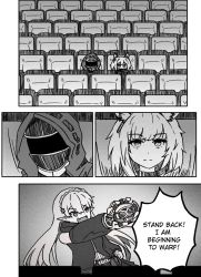 Rule 34 | 1girl, 1other, arknights, chainsaw man, doctor (arknights), english text, greyscale, harlequin-wheels, kal&#039;tsit (arknights), meme, monochrome, parody, split mouth