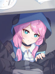 Rule 34 | 1boy, 1girl, absurdres, arknights, blue eyes, blue jacket, blue poison (arknights), commentary request, doctor (arknights), highres, hood, hooded jacket, jacket, lolifreak, long hair, pink hair, shirt, upper body, white shirt