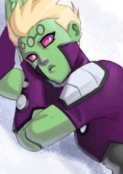 Rule 34 | 1boy, android, blonde hair, brainiac 5, colored skin, dc comics, green skin, legion of superheroes, male focus, pink eyes, querl dox, solo, superman (series), upper body, white background