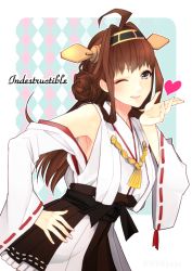 Rule 34 | 10s, 1girl, ahoge, armpits, bad id, bad pixiv id, blowing kiss, brown hair, contrapposto, detached sleeves, double bun, fingernails, grey eyes, hairband, hand on own hip, headgear, heart, hoshino (cona), japanese clothes, kantai collection, kongou (kancolle), lips, long hair, looking at viewer, nontraditional miko, one eye closed, parted lips, smile, solo, standing, wide sleeves