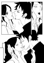 Rule 34 | 1boy, 1girl, chest tattoo, chocolate, closed eyes, comic, dress, eye contact, facial hair, goatee, hand on another&#039;s face, hetero, highres, imminent kiss, licking, looking at another, monochrome, nico robin, nsgw, one piece, ponytail, shared food, shirt, speech bubble, tattoo, teeth, tongue, tongue out, trafalgar law, translation request, valentine