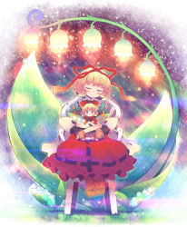Rule 34 | 1girl, blonde hair, blue eyes, bow, chair, closed eyes, fairy wings, flower, glowing, hair bow, hair ribbon, highres, hug, lily of the valley, medicine melancholy, puffy short sleeves, puffy sleeves, ribbon, shirt, short sleeves, sitting, sitting on lap, sitting on person, skirt, smile, solo, su-san, takahero, touhou, wings