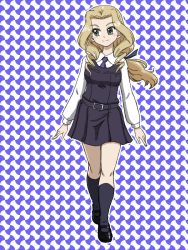 Rule 34 | 1girl, bc freedom school uniform, black dress, black footwear, black ribbon, black socks, blonde hair, blue eyes, blue necktie, cardigan, closed mouth, commentary request, dress, dress shirt, drill hair, girls und panzer, hair ribbon, long hair, long sleeves, looking at viewer, low-tied long hair, mary janes, necktie, optical illusion, outline, ribbon, school uniform, shirt, shoes, short dress, smile, socks, sofue (girls und panzer), solo, standing, takahashi kurage, walking, white outline, white shirt, wing collar