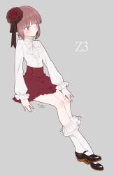 Rule 34 | 1girl, black footwear, bow, bowtie, brown eyes, brown hair, casual, frilled shirt, frilled shirt collar, frilled skirt, frilled socks, frills, full body, grey background, hair ribbon, high-waist skirt, high collar, highres, kantai collection, kneehighs, long sleeves, mary janes, miniskirt, red skirt, ribbon, shirt, shoes, short hair, sitting, skirt, socks, solo, totto (naka), white bow, white bowtie, white shirt, white socks, z3 max schultz (kancolle)