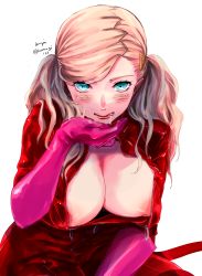 Rule 34 | 1girl, aqua eyes, areola slip, blonde hair, blush, bodysuit, breasts, commentary request, cupping hand, downblouse, eyelashes, gloves, hair ornament, hairclip, highres, komugi (mugiwaraclub), large breasts, licking lips, long hair, looking at viewer, mole, mole on breast, no bra, persona, persona 5, pink gloves, puffy nipples, red bodysuit, signature, simple background, sitting, solo, suggestive fluid, takamaki anne, tongue, tongue out, twintails, twitter username, unzipped, white background