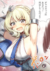 Rule 34 | 1girl, armpits, blonde hair, blue eyes, blue necktie, braid, breasts, capelet, colorado (kancolle), commentary request, elbow gloves, garrison cap, gloves, grey hat, hat, headgear, hhh (wave), kantai collection, large breasts, looking at viewer, necktie, open mouth, shirt, short hair, side braids, sideboob, sleeveless, solo, translation request, upper body, white shirt