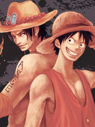 Rule 34 | 2boys, back-to-back, bad id, bad pixiv id, brothers, fire, freckles, grin, hat, male focus, manly, monkey d. luffy, multiple boys, muscular, one piece, portgas d. ace, scar, shirt, topless male, siblings, side-by-side, sleeveless, sleeveless shirt, smile, straw hat, tsuyomaru, wide-eyed
