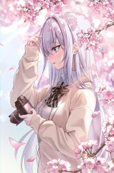 Rule 34 | 1girl, absurdres, blue eyes, blush, bow, bowtie, branch, camera, cardigan, cherry blossoms, collared shirt, falling petals, flower, from side, grey hair, highres, holding, holding camera, long hair, long sleeves, looking down, open cardigan, open clothes, original, parted lips, petals, pink flower, plaid, plaid bow, plaid bowtie, profile, shirt, sira (user dswn7488), sleeves past wrists, twirling hair, upper body, very long hair, white shirt