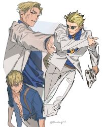 Rule 34 | 1boy, blonde hair, blue shirt, brown eyes, formal, goggles, grey pants, grey suit, hair down, highres, holding, holding knife, holding weapon, jacket, jujutsu kaisen, knife, looking at viewer, male focus, nanami kento, necktie, one eye closed, open clothes, open shirt, pants, parted lips, shirt, short hair, sketch, solo, suit, suit jacket, suspenders, thundergotch, weapon, yellow necktie
