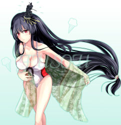 Rule 34 | 1girl, bad id, bad pixiv id, black hair, breasts, flower, fusou (kancolle), highres, himeyamato, kantai collection, long hair, looking at viewer, red eyes, self-upload, simple background, smile, standing, swimsuit
