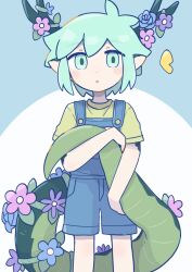 Rule 34 | 1boy, animal ears, blue overalls, blush, dragon boy, dragon ears, dragon horns, dragon tail, green eyes, green hair, green shirt, highres, horns, kemonomimi mode, looking at viewer, omori, overall shorts, overalls, parted lips, pointy ears, shirt, short hair, short sleeves, solo, sr ld fr, tail