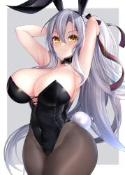 Rule 34 | 1girl, absurdres, animal ears, armpits, arms behind head, azur lane, bare shoulders, blush, breasts, cleavage, covered navel, detached collar, drake (azur lane), fake animal ears, fake tail, g3 (bitgiii), highres, large breasts, leotard, long hair, looking at viewer, pantyhose, playboy bunny, rabbit ears, rabbit tail, silver hair, smile, solo, strapless, strapless leotard, tail, yellow eyes