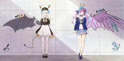 Rule 34 | 2girls, absurdres, against wall, anchor print, aqua hair, aqua nails, bad id, bad pixiv id, bare legs, bare shoulders, baseball cap, black footwear, black headwear, black jacket, black neckwear, blue eyes, blue footwear, blue jacket, blue ribbon, bow, bowtie, braid, breasts, character name, choker, closed mouth, clothes writing, collarbone, collared dress, commentary request, drawn horns, drawn tail, drawn wings, drawstring, dress, earrings, full body, gold trim, graffiti, grey skirt, hair ornament, hair ribbon, hands up, hat, highres, hololive, hood, hood down, hoodie, jacket, jewelry, kagura gumi, kagura mea, long hair, long sleeves, looking at viewer, medium breasts, minato aqua, miniskirt, multicolored hair, multiple girls, nail polish, neck ribbon, off shoulder, one eye closed, open clothes, open jacket, pantyhose, peaked cap, pleated skirt, purple eyes, purple hair, ribbon, ring, rko (a470350510), shoes, sidelocks, skirt, sleeveless, sleeveless dress, smile, standing, steepled fingers, thighs, twintails, two-tone hair, underbust, virtual youtuber, white choker, white dress, white hair, white hoodie, white legwear