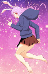 Rule 34 | 1girl, :o, animal ears, bare legs, barefoot, breasts, rabbit ears, diisuke, feet, finger gun, from behind, hood, hoodie, index finger raised, jumping, large breasts, long hair, looking back, miniskirt, open mouth, pleated skirt, purple hair, red eyes, reisen udongein inaba, skirt, soles, solo, toes, touhou