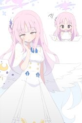 Rule 34 | !?, 1girl, absurdres, angel wings, blue archive, commentary, dress, hagoonha, halo, highres, long hair, looking at viewer, mika (blue archive), pink hair, simple background, white background, white dress, white wings, wings, yellow eyes