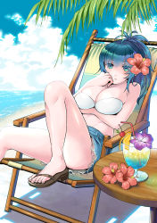 Rule 34 | 1girl, bare shoulders, beach, blue eyes, blue hair, blue sky, breasts, cloud, cocktail glass, cup, day, drinking glass, flower, hair flower, hair ornament, highres, leona heidern, ocean, palm tree, relaxing, sakura mafumi, sand, shorts, sky, snk, solo, the king of fighters, tree, tropical, water