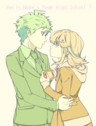 Rule 34 | 1boy, 1girl, absurdres, breasts, brown jacket, collared shirt, commentary request, danganronpa (series), danganronpa 3 (anime), english text, from side, green hair, green jacket, green shirt, hair ornament, hairclip, handheld game console, hetero, highres, hinata hajime, holding, holding handheld game console, hood, hood down, hooded jacket, hope&#039;s peak academy school uniform, jacket, layered sleeves, light brown hair, long sleeves, looking at another, medium breasts, medium hair, nanami chiaki, neck ribbon, necktie, profile, red ribbon, ribbon, school uniform, senkawa (ar7 6), shirt, short hair, upper body, white background, white shirt