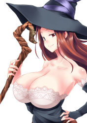 Rule 34 | 1girl, bare shoulders, breasts, brown eyes, brown hair, cleavage, dragon&#039;s crown, dress, hat, large breasts, long hair, smile, solo, sorceress (dragon&#039;s crown), staff, strapless, strapless dress, vanillaware, witch hat, zanku