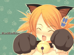 Rule 34 | 00s, 1girl, animal ears, animal hands, bell, cat ears, cat paws, closed eyes, collar, fang, neck bell, non-web source, red hair, sasamori karin, short hair, smile, solo, to heart (series), to heart 2, twintails