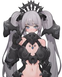 Rule 34 | 1girl, absurdres, armor, bare legs, blue eyes, blush, closed mouth, gauntlets, grey hair, highres, jewelry, long hair, navel, necklace, original, rabbit (wlsdnjs950), simple background, slit pupils, solo, twintails, upper body, v, vambraces, white background