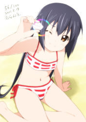 Rule 34 | 1girl, 2011, arm support, bikini, black hair, brown eyes, dated, errant, glint, k-on!, long hair, nakano azusa, navel, one eye closed, seashell, shell, sitting, smile, solo, swimsuit, twintails, wink