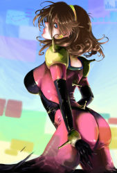Rule 34 | 1girl, ass, bad id, bad pixiv id, blue eyes, bodysuit, breasts, brown hair, cockpit, earrings, from behind, g gundam, gundam, hairband, highres, jewelry, large breasts, lion103, lipstick, looking back, makeup, messy hair, mobile trace suit, rain mikamura, sideboob, skin tight, solo, sunrise (company)