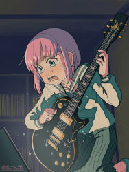 Rule 34 | 1girl, absurdres, blue eyes, blush, bocchi the rock!, crying, crying with eyes open, electric guitar, gibson les paul, gotoh hitori, guitar, hair between eyes, highres, holding, holding instrument, indoors, instrument, long sleeves, music, neckerchief, open mouth, pappet3104518, pink hair, playing instrument, sailor collar, school uniform, serafuku, sitting, skirt, solo, streaming tears, tears