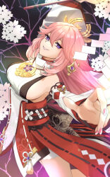 Rule 34 | 1girl, absurdres, animal ears, arm up, bare shoulders, breasts, commentary request, cowboy shot, fox ears, genshin impact, highres, large breasts, long hair, nail polish, nappa-nappa, nontraditional miko, pink hair, pink nails, purple eyes, red skirt, shirt, sideboob, skirt, sleeveless, sleeveless shirt, solo, thighs, very long hair, white shirt, yae miko