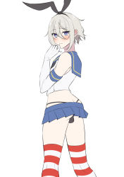 Rule 34 | 1boy, arched back, black panties, blue eyes, blue skirt, blush, butt crack, commentary request, cosplay, crop top, crossdressing, elbow gloves, embarrassed, fate/grand order, fate (series), feet out of frame, gloves, grey hair, hair between eyes, hairband, hand to own mouth, highleg, highleg panties, highres, kantai collection, looking at viewer, looking back, male focus, medium hair, microskirt, mzmz0424, panties, prince of lan ling (fate), sailor collar, shimakaze (kancolle), shimakaze (kancolle) (cosplay), sidelocks, skirt, solo, striped clothes, striped legwear, striped thighhighs, thighhighs, thong, trap, underwear, white gloves