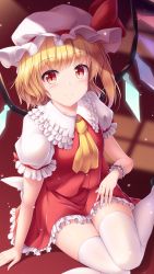 Rule 34 | 1girl, ascot, blonde hair, blush, collared shirt, commentary request, crystal, flandre scarlet, frilled shirt, frilled skirt, frills, hand on own thigh, hat, hat ribbon, highres, indoors, knees together feet apart, looking at viewer, lzh, medium hair, mob cap, puffy short sleeves, puffy sleeves, red eyes, red ribbon, red skirt, red vest, ribbon, shirt, shoes, short sleeves, side ponytail, sitting, skirt, slit pupils, smile, solo, thighhighs, thighs, touhou, vampire, vest, white hat, white shirt, white thighhighs, wings, yellow ascot