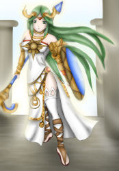 Rule 34 | 1girl, green eyes, green hair, jewelry, kid icarus, long hair, lots of jewelry, matching hair/eyes, nintendo, off shoulder, official art, palutena, shield, solo, staff, thighhighs, tiara, very long hair