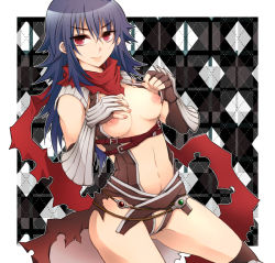 Rule 34 | 1girl, argyle, argyle background, argyle clothes, armor, assassin cross (ragnarok online), black cape, black gloves, black leotard, black socks, blue hair, blush, border, breasts, cape, closed mouth, clothes pull, colorized, commentary request, cowboy shot, dutch angle, elbow gloves, eremes guile, fingerless gloves, genderswap, genderswap (mtf), gloves, hair between eyes, kneehighs, kuzuki (ray), leotard, leotard pull, long hair, looking at viewer, medium breasts, navel, nipples, open clothes, open shirt, outside border, pauldrons, ragnarok online, red eyes, red scarf, revealing clothes, scarf, shoulder armor, smile, socks, solo, sptbird, torn cape, torn clothes, torn scarf, translation request, vambraces, waist cape, white border