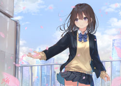 Rule 34 | 1girl, black jacket, black skirt, blazer, blue bow, blue bowtie, blue sky, blush, bow, bowtie, brown eyes, brown hair, brown sweater, building, cityscape, closed mouth, cloud, cloudy sky, collared shirt, cowboy shot, day, drainpipe, floating hair, hair between eyes, jacket, long hair, long sleeves, looking away, miko fly, miniskirt, open clothes, open jacket, original, outdoors, petals, pleated skirt, railing, rooftop, school uniform, shirt, sidelocks, signature, skirt, sky, skyscraper, sleeves past wrists, smile, solo, standing, sweater, white shirt, wing collar
