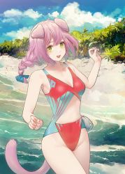 Rule 34 | 1girl, absurdres, animal ears, arknights, bare shoulders, beach, blue bow, blue sky, bow, braid, breasts, cat ears, cat girl, cleavage, clothing cutout, cowboy shot, floppy ears, goldenglow (arknights), groin, hair bow, hands up, highres, long hair, looking at viewer, no hairband, one-piece swimsuit, open mouth, outdoors, pink hair, red sweater, single braid, sky, small breasts, solo, stomach cutout, sweater, swimsuit, water, welt (kinsei koutenkyoku), yellow eyes