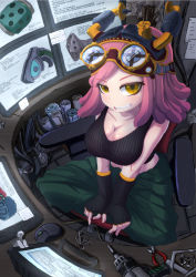 Rule 34 | 10s, 1girl, allen wrench, angle, bad perspective, black gloves, boku no hero academia, breasts, cable, chair, cleavage, crosshair eyes, drill, fingerless gloves, from above, gloves, goggles, goggles on head, grin, hatsume mei, headgear, highres, indian style, indoors, large breasts, looking at viewer, medium breasts, monitor, mouse (computer), nail, nut (hardware), office chair, paper, pink hair, pliers, ruler, screw, scroll, shinako, sitting, smile, solo, swivel chair, tank top, tools, yellow eyes