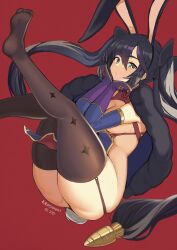 Rule 34 | 1girl, :/, absurdres, animal ears, ass, black hair, black hairband, breasts, brown thighhighs, cape, carrot hair ornament, closed mouth, elbow rest, erotanuki, fake animal ears, feet, floating hair, food-themed hair ornament, foot out of frame, fur-trimmed cape, fur trim, garter straps, genshin impact, green eyes, hair ornament, hairband, head rest, highres, legs, legs up, leotard, long hair, looking at viewer, medium breasts, mona (genshin impact), no shirt, no shoes, own hands together, pelvic curtain, playboy bunny, rabbit ears, red background, revealing clothes, simple background, skindentation, soles, solo, thick thighs, thighhighs, thighs, toes, twintails, very long hair