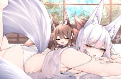 Rule 34 | 2girls, = =, age difference, amagi-chan (azur lane), animal ears, azur lane, blue sky, blush, breast press, breasts, brown hair, brown tail, cloud, cloudy sky, commentary, english commentary, fox ears, fox girl, fox tail, hair ornament, hands on another&#039;s back, highres, legs up, long hair, lying, medium breasts, multiple girls, on stomach, one eye closed, open mouth, panties, samip, shinano (azur lane), sideboob, sky, sleepy, smile, tail, teeth, tree, underwear, underwear only, upper teeth only, white hair, white tail, window