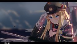 Rule 34 | &gt;:(, 1girl, absurdres, arm up, azur lane, bismarck (azur lane), black dress, black hat, blonde hair, blue eyes, blue sky, blurry, blurry background, breasts, cleavage, closed mouth, commentary, day, depth of field, dress, english commentary, gar32, gloves, hair between eyes, hand on headwear, hat, highres, letterboxed, long hair, medium breasts, military hat, ocean, outdoors, peaked cap, signature, sky, solo, v-shaped eyebrows, water, white gloves