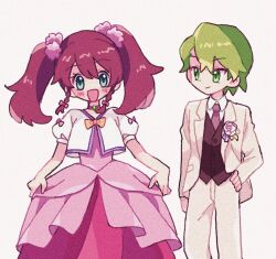 Rule 34 | 1boy, 1girl, blue eyes, blush, bow, braid, brown hair, brown vest, choker, clothes grab, corsage, creatures (company), dress, dress shirt, drew (pokemon), flower, formal, frilled dress, frills, game freak, gem, gown, green eyes, green gemstone, green hair, hair bow, hand on own hip, highres, jacket, looking at another, looking at viewer, may (pokemon), mgomurainu, nintendo, official alternate costume, open mouth, pants, pink bow, pink choker, pink flower, pink rose, pokemon, pokemon (anime), pokemon rse (anime), pom pom (clothes), puffy short sleeves, puffy sleeves, rose, shirt, short braid, short hair, short sleeves, sidelocks, smile, standing, suit, suit jacket, twin braids, twintails, upper body, vest, white jacket, white pants, white shirt, white suit
